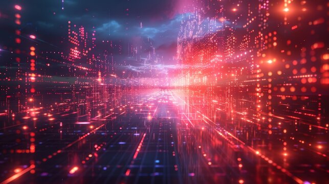 Futuristic digital cityscape with a red and blue glow, creating a vibrant and abstract landscape.