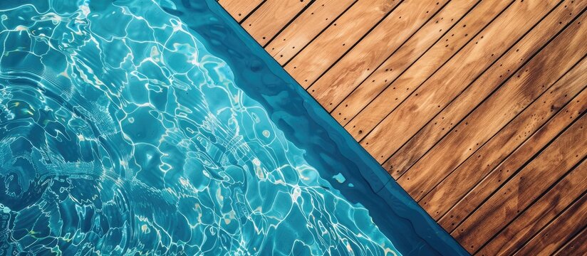 Diagonal lines of wood in detail decking and blue water swimming pool abstract background. Copy space image. Place for adding text and design