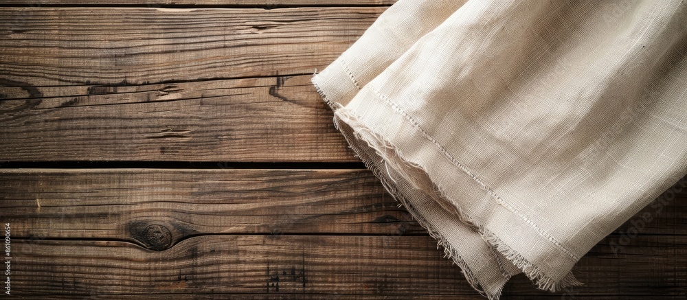 Poster tablecloth textile on wooden background. copy space image. place for adding text or design