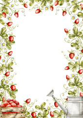 Hand-drawn, watercolor frame with strawberry bushes, wooden box of strawberries and watering can. Harvesting strawberries. Cartoon berries illustration, in kids style