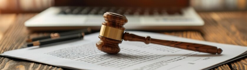 Wooden gavel on legal document with a laptop in the background. Symbolizing law, justice, and legal proceedings. Close-up shot on a wooden table.