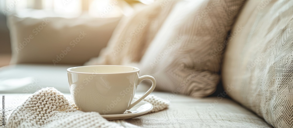 Poster closeup of cup on sofa with cushion. for relaxation and lifestyle concepts. copy space image. place 