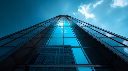 Fototapeta premium tall building with a blue sky in the background, pexels contest winner, glass reflections, low angle 8k hd nature photo, on a dark background, three - point perspective, transparent