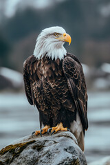 Majestic bald eagle perched on rock looking right