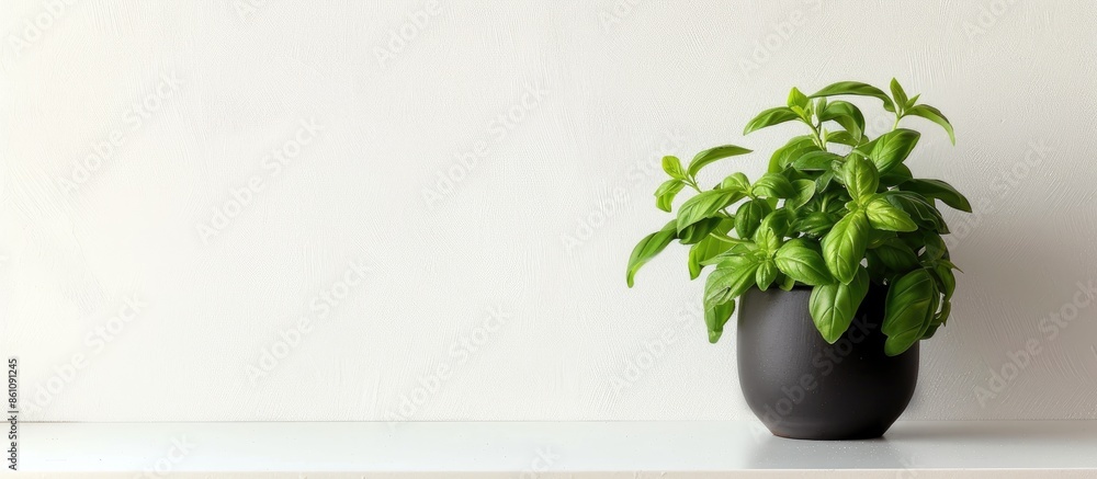 Poster basil pot on white wall. copy space image. place for adding text and design