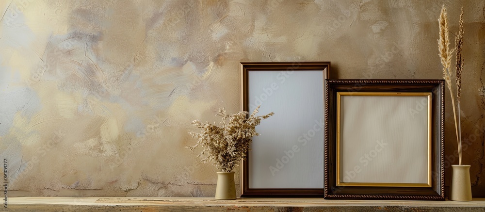 Poster photo frames on table on beige background. copy space image. place for adding text and design