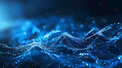 Abstract blue tech background with digital waves, dynamic network system, artificial neural connections, cyber quantum computing and electronic global intelligence