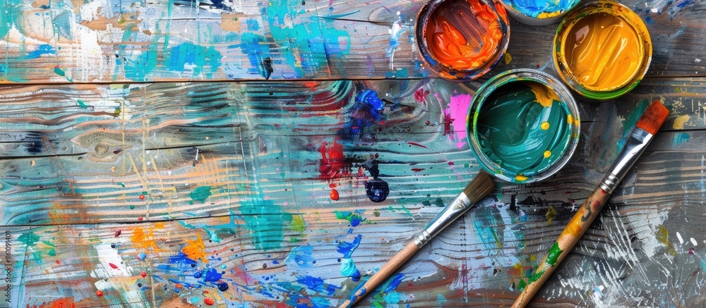 Poster paint bucket with paint brush, palette color and paint can. copy space image. place for adding text 