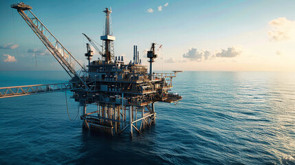 A large offshore oil and gas platform stands tall in the vast expanse of the ocean, illuminated by the warm glow of the setting sun