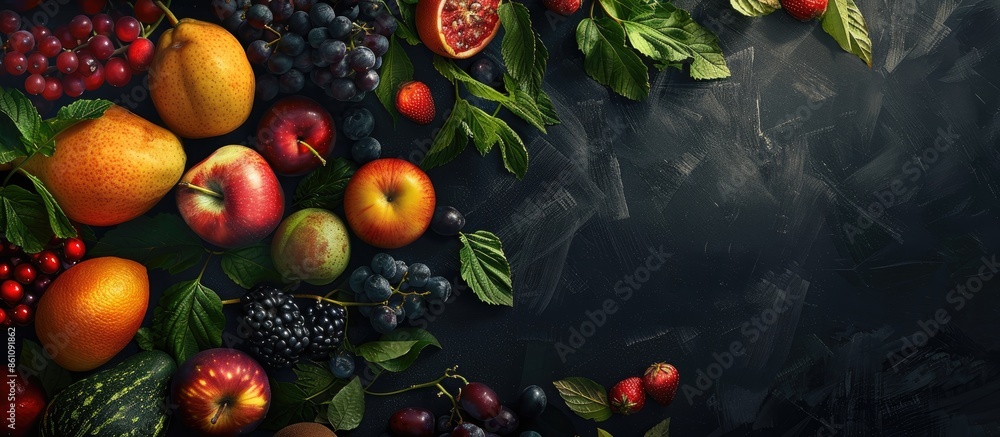 Poster composition with variety of fruits. copy space image. place for adding text and design