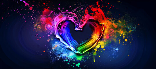 A vibrant rainbow heart, filled with swirling paint, explodes outwards against a dark blue background