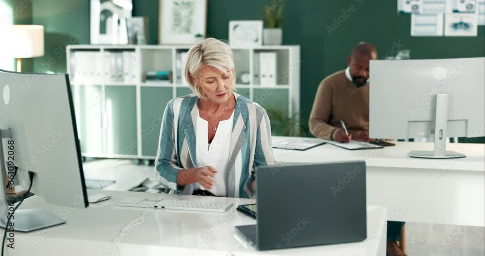 Aufkleber computer, tablet and mature woman in office for project deadline, company task and networking. finan