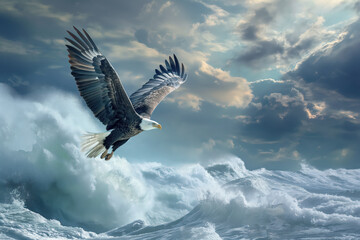 Majestic bald eagle soaring over stormy ocean waves