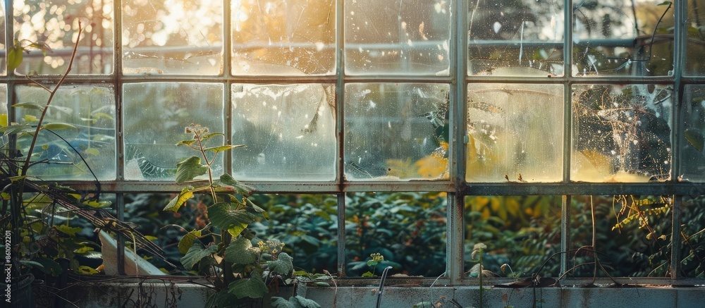 Poster greenhouse with broken glass, the construction is clearly visible. . copy space image. place for add