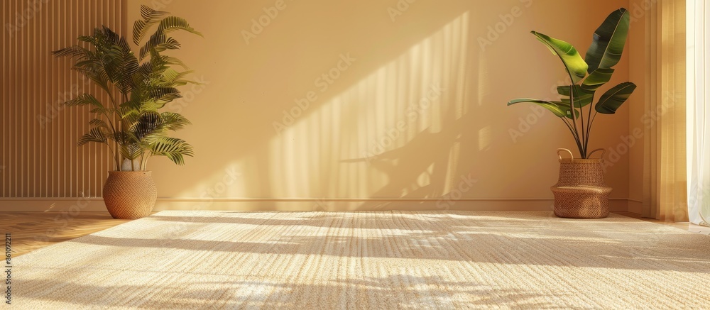 Poster cozy room interior with carpet on floor. copy space image. place for adding text and design