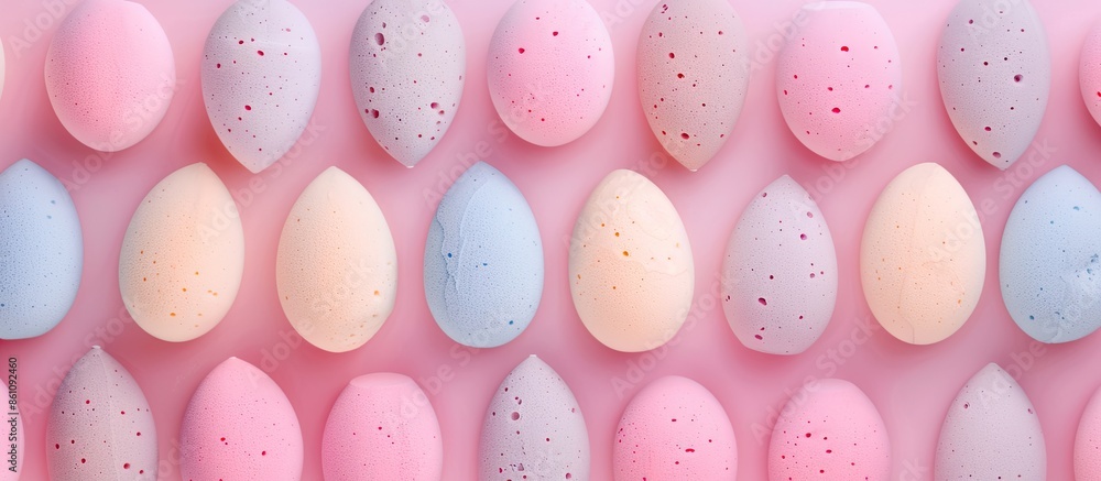 Poster rows of makeup sponges on a pink background pastel background. copy space image. place for adding te
