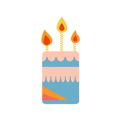 Icon featuring a geometric pink and blue cake with three candles. Playful and colorful design suitable for various celebratory themes.