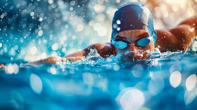 A close-up shot of a swimmer with a determined expression, cutting through the water with their powerful strokes