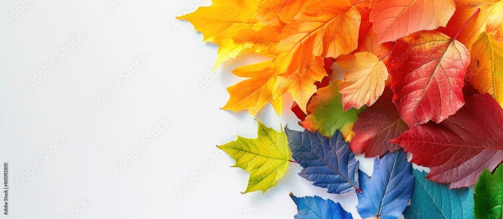 Poster autumn leafs colorful rainbow color gradient summer autumn season change concept. copy space image. 