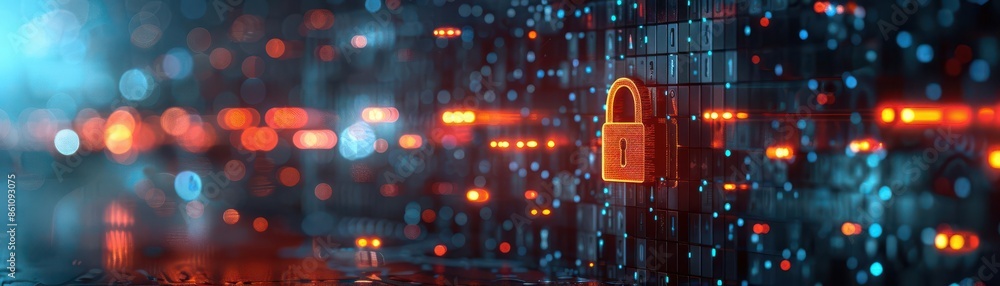 Aufkleber digital security concept with a glowing padlock amidst a backdrop of blue and red lines symbolizing 