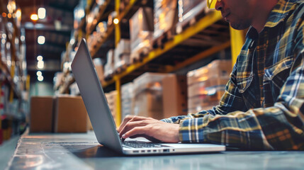 A warehouse worker diligently types on a laptop, surrounded by shelves of stacked boxes