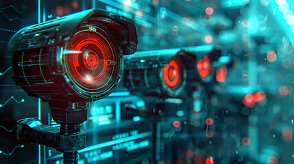 banner showcasing advanced security CCTV cameras monitoring a screen with a HUD UI for surveillance and protection. Concept Security Cameras, Surveillance Technology, Futuristic Design