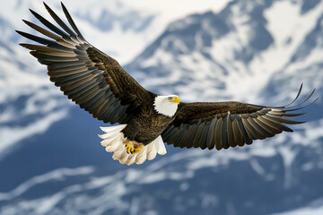 Fototapeta premium Majestic bald eagle soaring over snowy mountain peaks