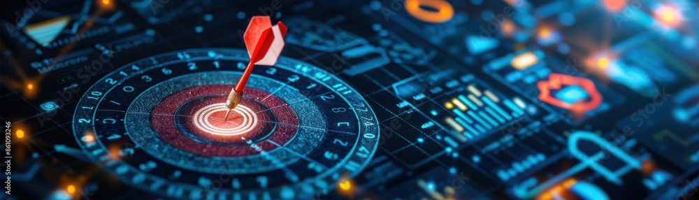 Poster digital target with a dart hitting the bullseye, representing precision in technology, data, and cyb
