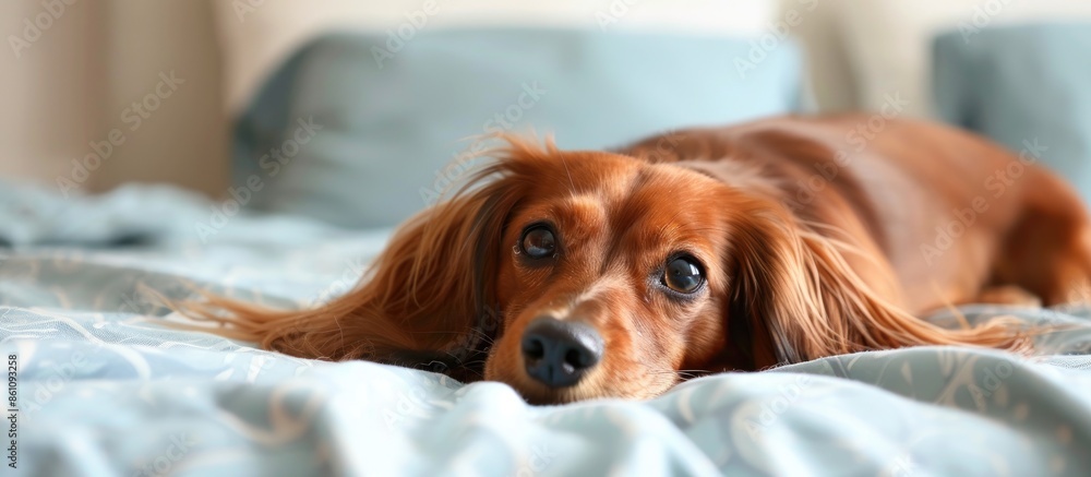 Poster sad dachshund lying on the bed. copy space image. place for adding text and design