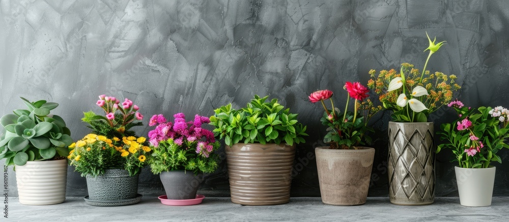 Poster decorative flower arrangement in pots. copy space image. place for adding text and design