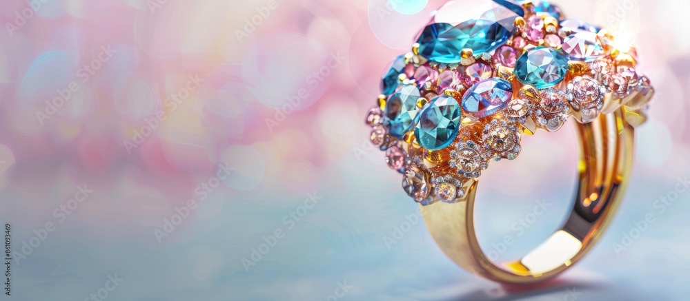Aufkleber beautiful ring with gems and enamel isolated on pastel background. copy space image. place for addin