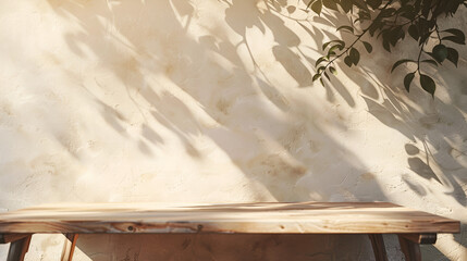 Blank brown wooden counter table in soft sunlight, leaf shadow on beige texture wallpaper wall for luxury organic cosmetic, skincare, beauty, body care, treatment product display backgro