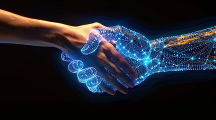 A person's hand and a glowing blue digital hand connect in a handshake, symbolizing collaboration between humans and technology against a black background.
