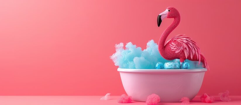 Pink flamingo figure, toilet bowl and blue jelly, creative arrangement, neon pink background. Summer colors. Copy space image. Place for adding text and design