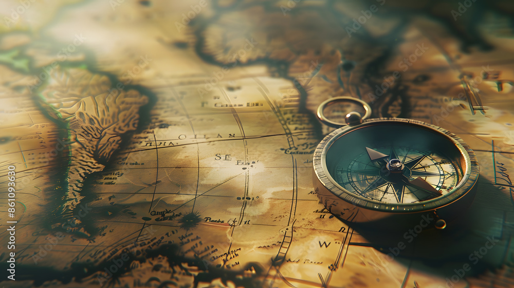 Poster old sea compass on abstract map background pirate and nautical theme grunge background retro style :