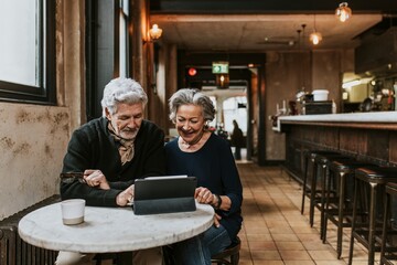 Grandparents in video call on digital tablet at cafe