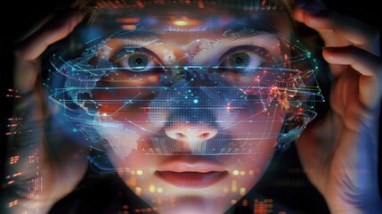 A person's eyes peer through a holographic interface with a world map and data visuals, representing the convergence of virtual reality and global data insights.
