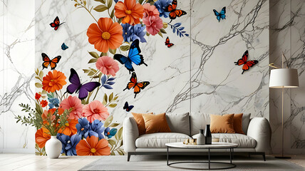 3D Floral and Butterfly Wall Art: Marble Background Home Decoration and Wallpaper Panel