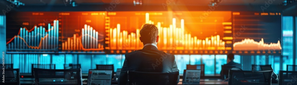 Poster man analyzing stock market data on multiple monitors in a modern office, showcasing a dynamic financ