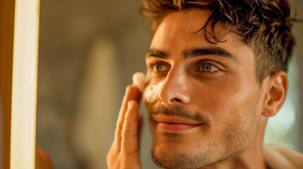 Obraz premium 男性のスキンケアルーティン：フェイスクリームの塗布、メンズ美容