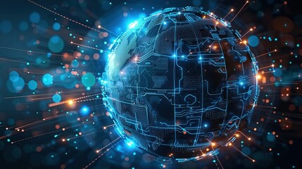 Obraz premium A spherical digital planet with illuminated circuits and machinery, orbiting in a dark, starry space environment. 