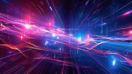 Fototapeta premium A dynamic digital space with intersecting blue and purple lines and geometric shapes, representing advanced technology and data networks. 