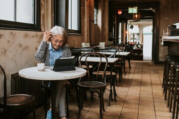 Grandmother in video call on digital tablet at cafe