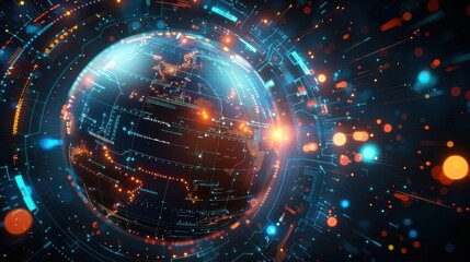 Obraz premium A digital, futuristic planet with glowing circuits and mechanical elements, orbiting in a vast, starry expanse. 