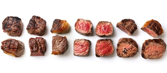 Raw steaks frying degrees: rare, blue, medium, medium rare, medium well, well done isolated on white background with clipping path. Copy space image. Place for adding text and design