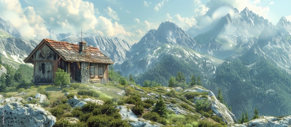 Poster small mountain house. copy space image. place for adding text and design
