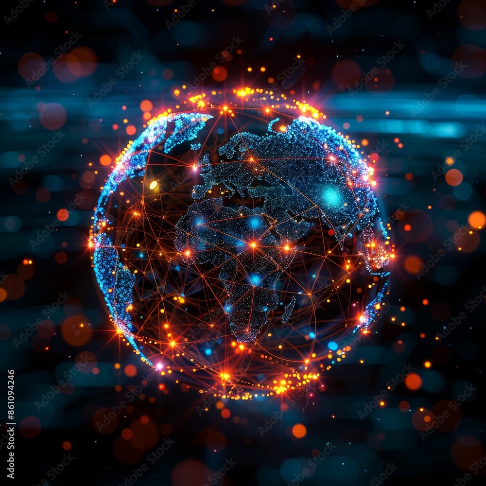 Poster abstract digital illustration of a glowing earth with connected lines representing global network an