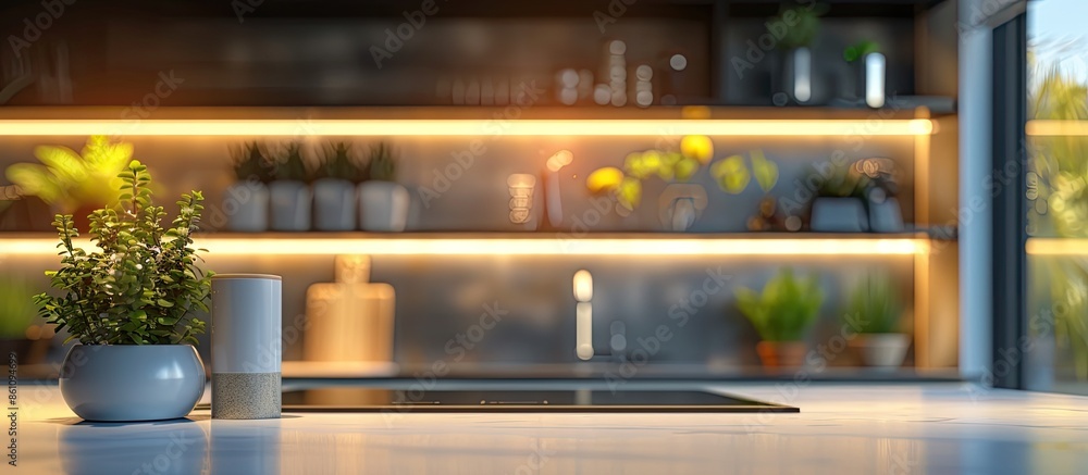 Poster blurred image of modern kitchen interior for background. copy space image. place for adding text and