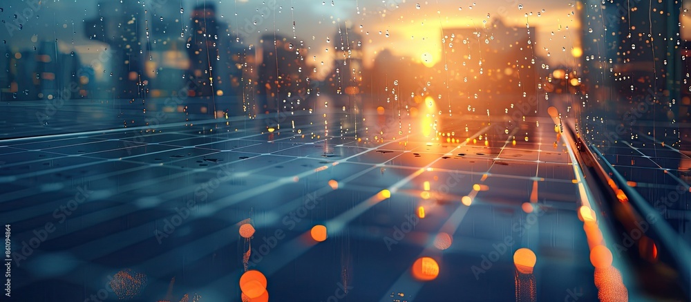 Poster solar panels on a construction site with raindrops on them. copy space image. place for adding text 