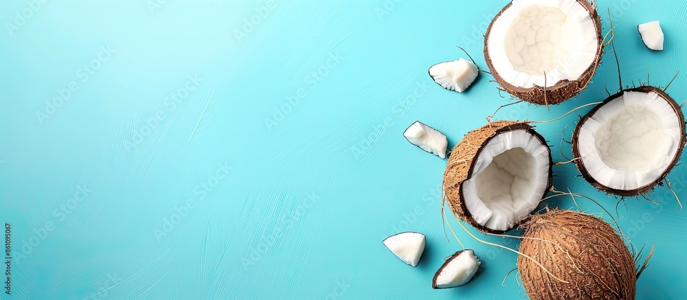 Aufkleber whole coconut and coconut slice on blue table pastel background. copy space image. place for adding 
